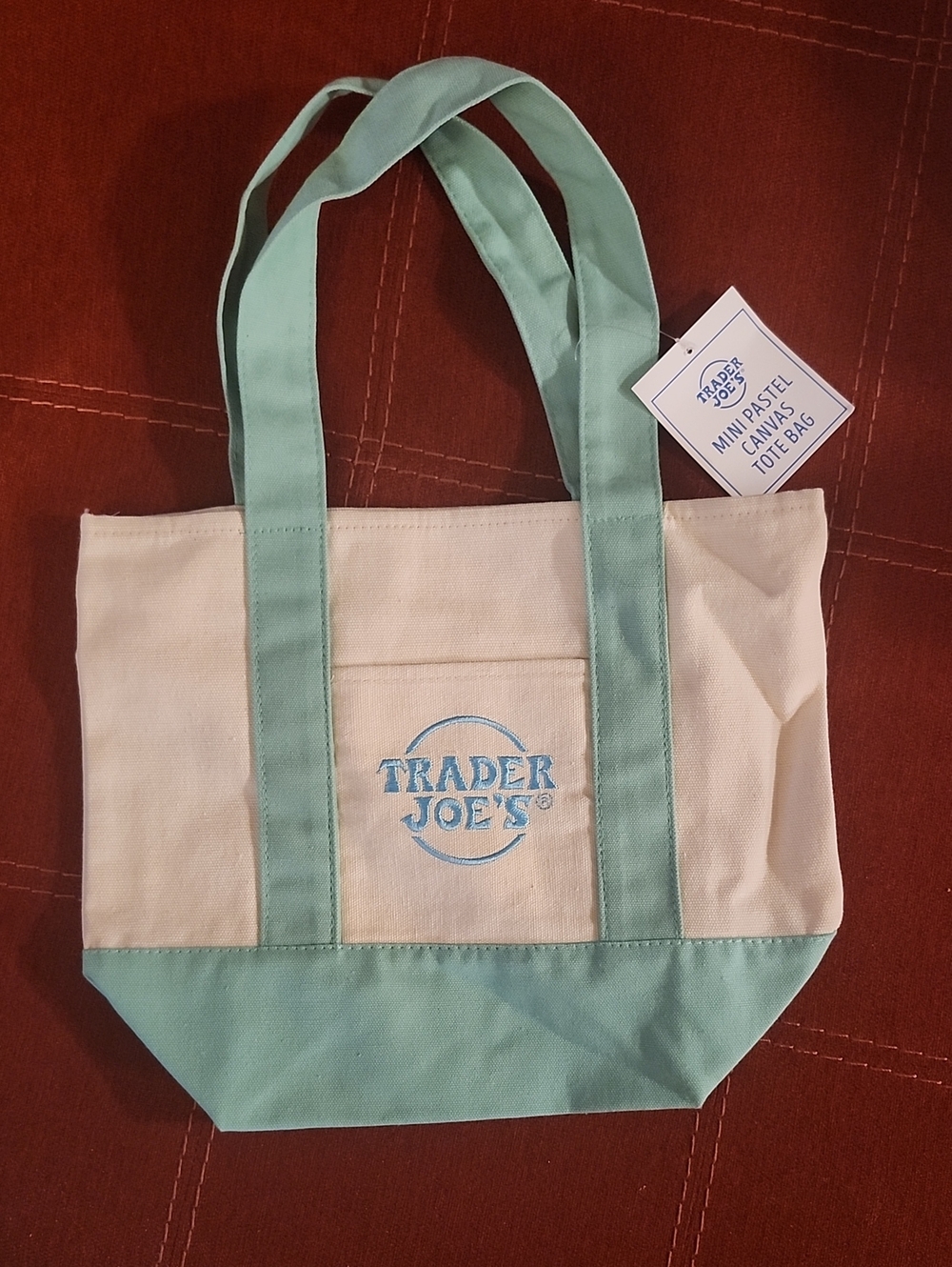 Trader Joe's Pastel Canvas Tote Bag in Mint and Cream